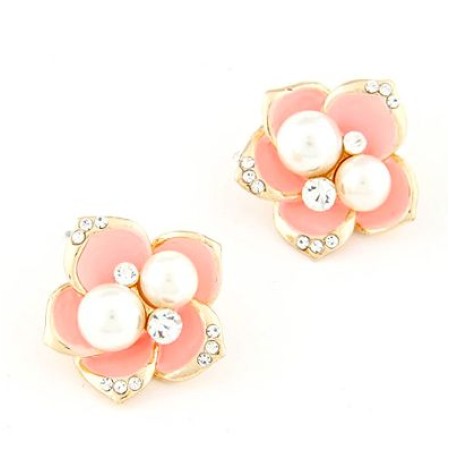 Pink Flower Pearl Stud Earrings